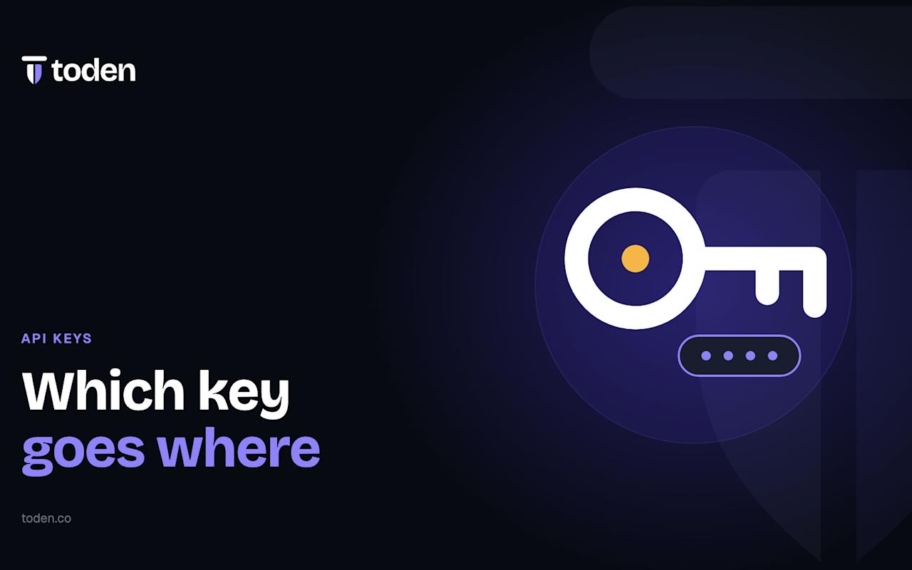 Headline "Which key goes where" beside an illustration of a key beside a one-time code, on a deep indigo gradient.
