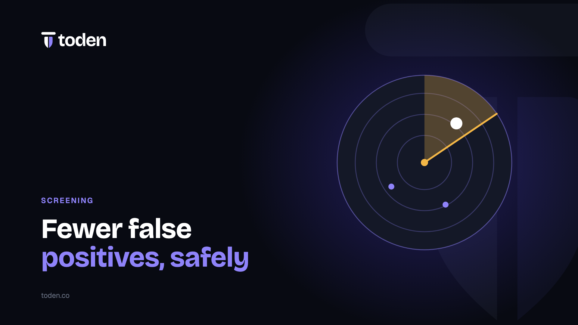 Titre « Moins de faux positifs, en toute sécurité » à côté d'une illustration d'un radar de dépistage avec une correspondance mise en évidence, sur un dégradé crème chaud.