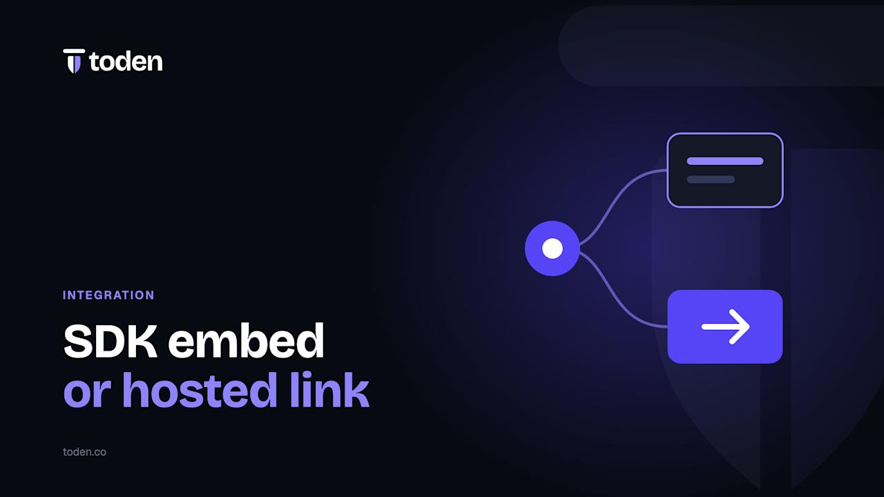 عنوان "تضمين SDK أو رابط مستضاف" بجانب رسم توضيحي لنقطة بداية واحدة تتفرع إلى مسارين، على تدرج لوني نيلي داكن.