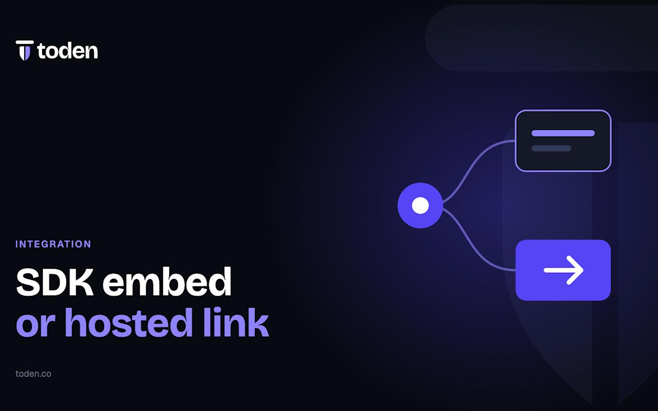 عنوان "تضمين SDK أو رابط مستضاف" بجانب رسم توضيحي لنقطة بداية واحدة تتفرع إلى مسارين، على تدرج لوني نيلي داكن.