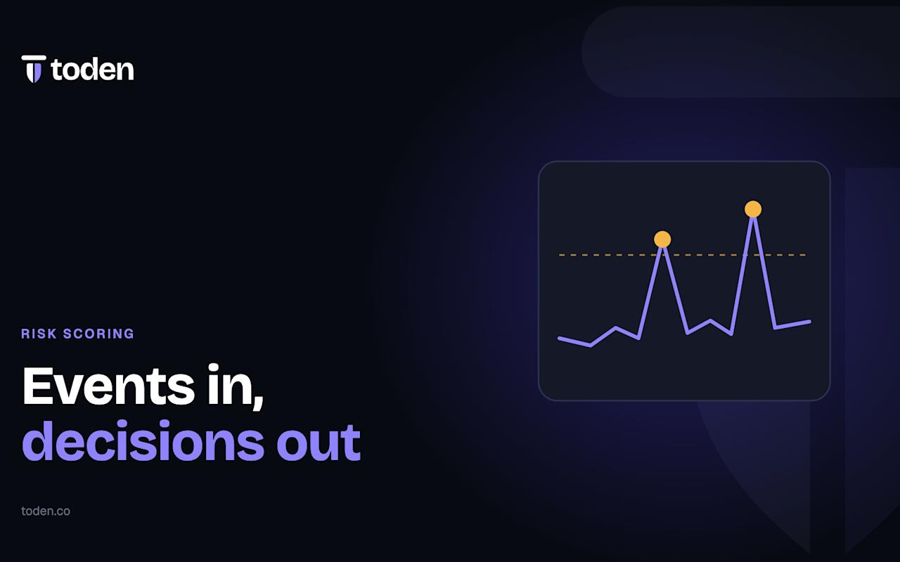 Headline "Events in, decisions out" beside an illustration of a monitoring chart with spikes crossing a threshold line, on a deep indigo gradient.