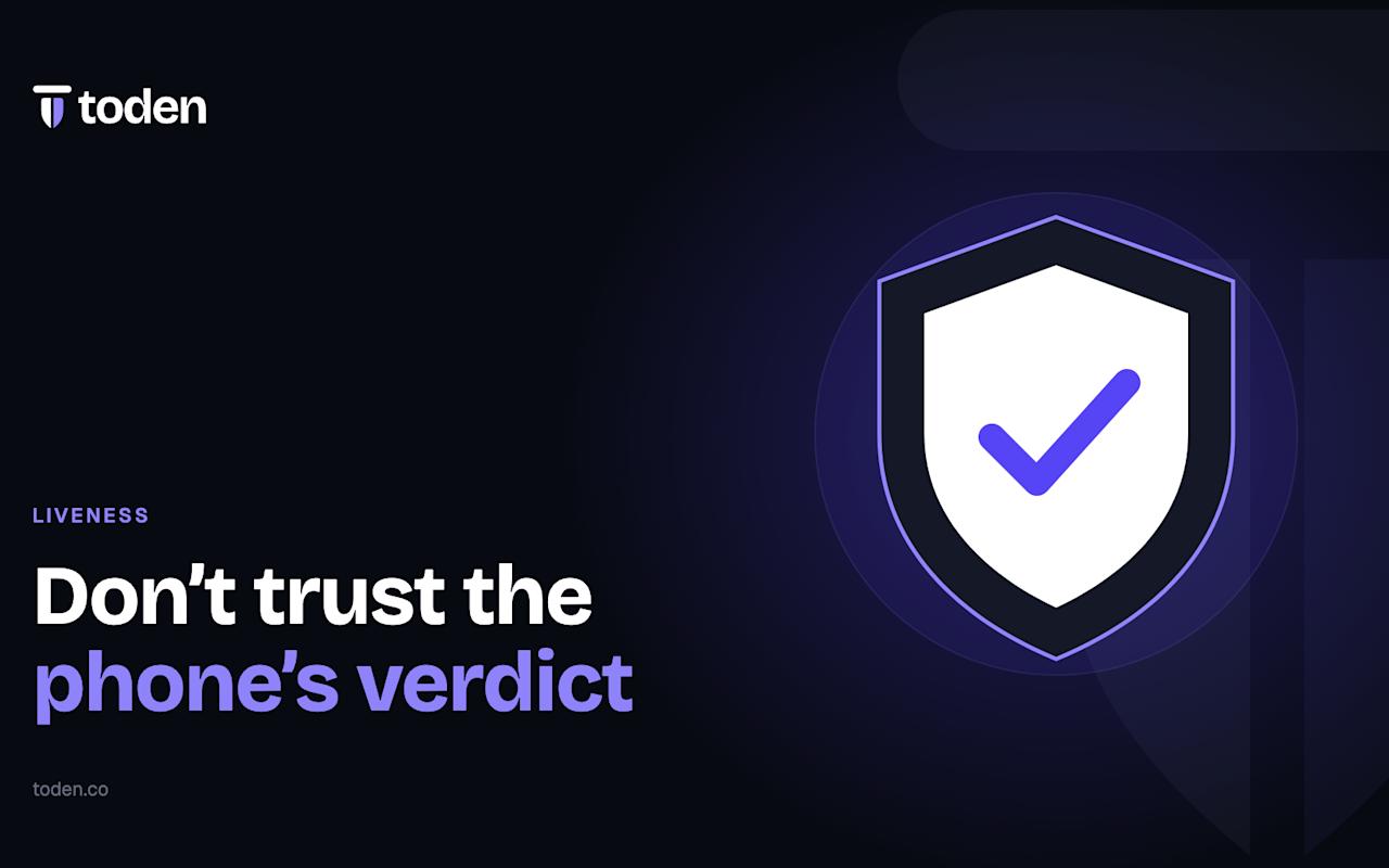 Headline "Don't trust the phone's verdict" beside an illustration of a shield with a check mark, on a soft lavender gradient.