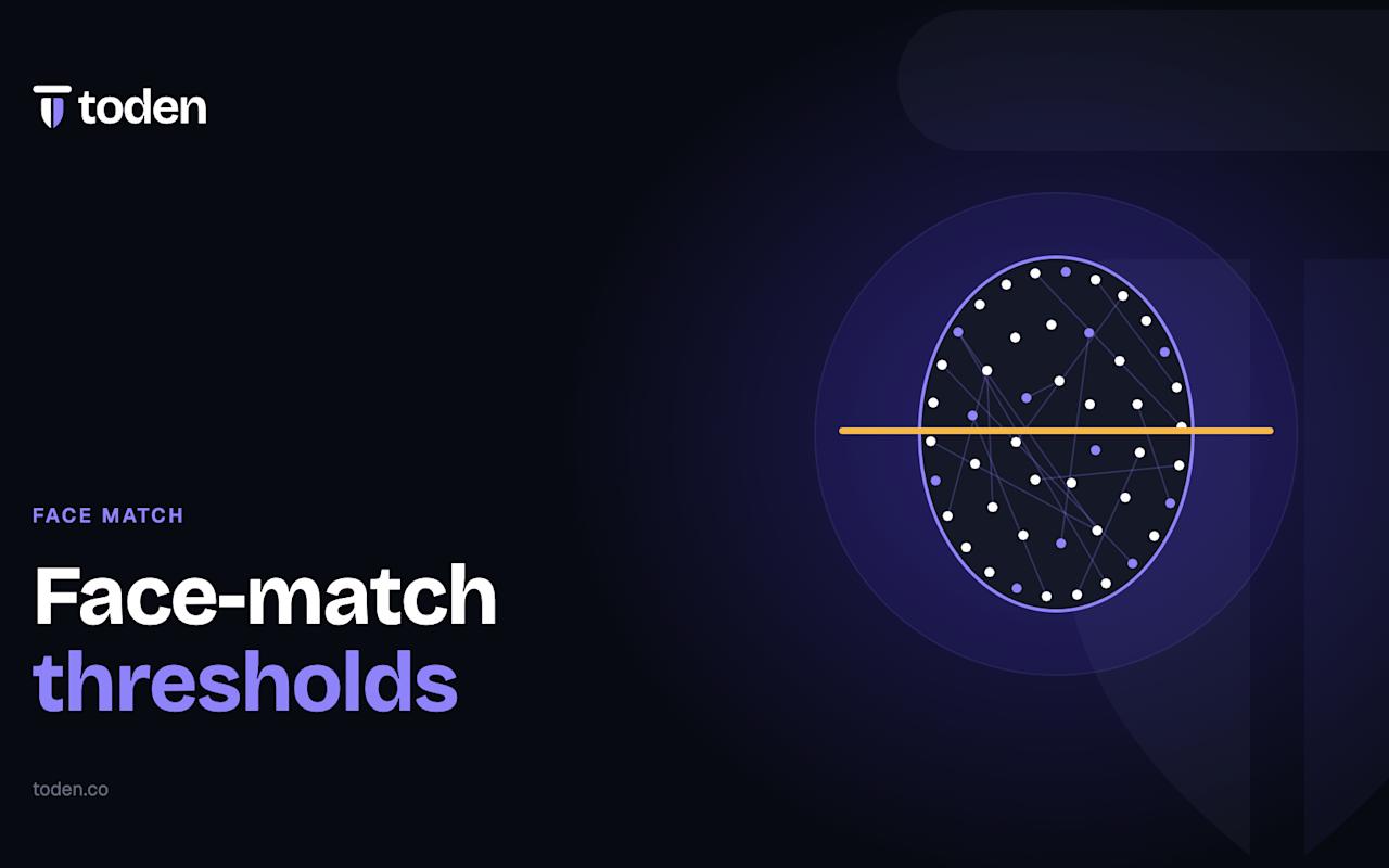 Headline "Face-match thresholds" beside an illustration of a face outline mapped with landmark points, on a soft lavender gradient.