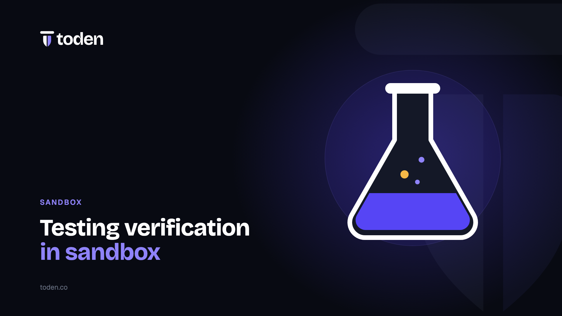 Headline "Testing verification in sandbox" beside an illustration of a laboratory flask with bubbles, on a deep indigo gradient.