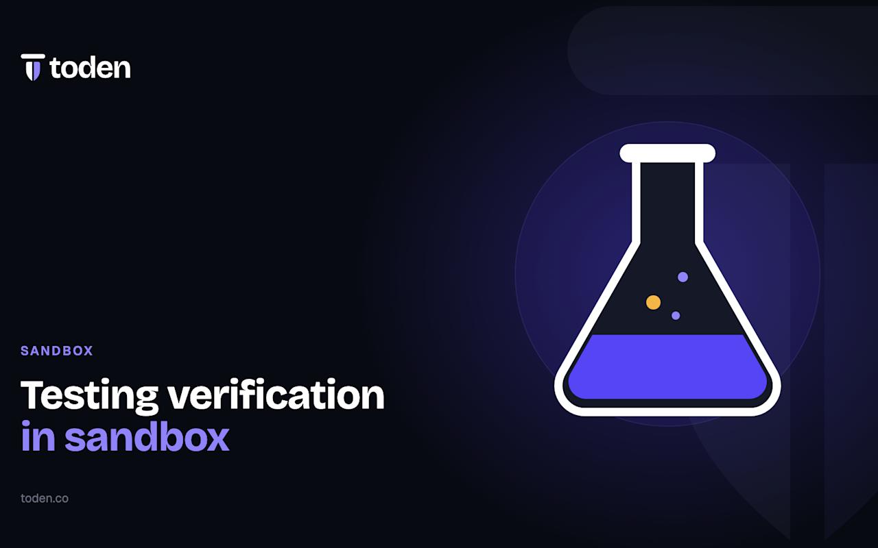 Headline "Testing verification in sandbox" beside an illustration of a laboratory flask with bubbles, on a deep indigo gradient.