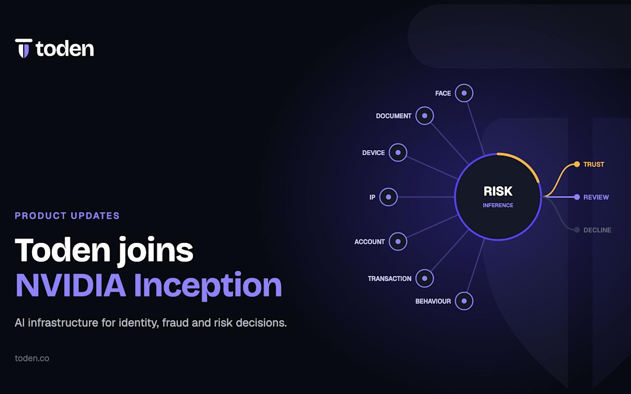ينضم Toden إلى برنامج NVIDIA Inception، بجانب رسم بياني لإشارات الهوية التي تغذي نظام المخاطر الذي يقرر الثقة أو المراجعة أو الرفض.