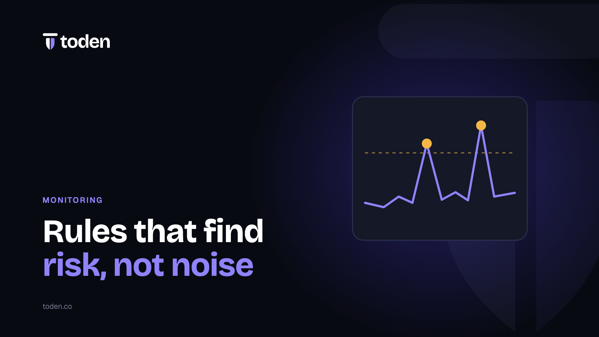 Headline "Rules that find risk, not noise" beside an illustration of a monitoring chart with spikes crossing a threshold line, on a warm cream gradient.