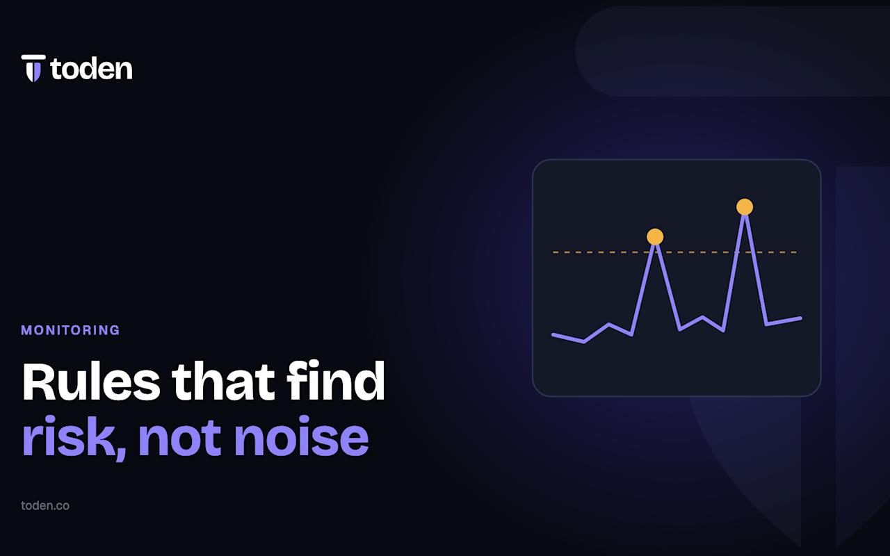 Headline "Rules that find risk, not noise" beside an illustration of a monitoring chart with spikes crossing a threshold line, on a warm cream gradient.