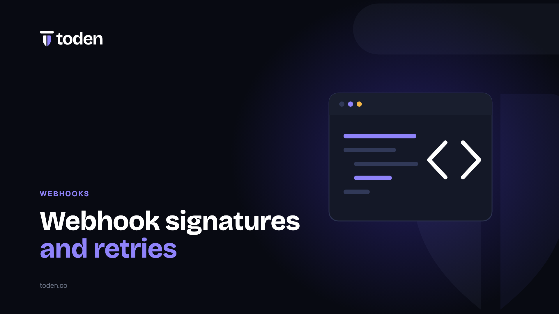 Headline "Webhook signatures and retries" beside an illustration of a code window with angle brackets, on a deep indigo gradient.