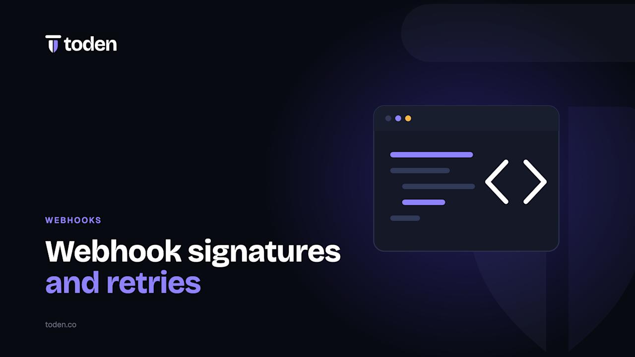 عنوان "توقيعات Webhook وإعادة المحاولات" بجانب رسم توضيحي لنافذة رمزية مع أقواس زاوية، على تدرج لوني نيلي داكن.