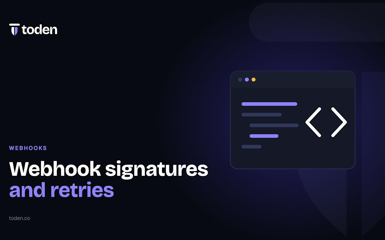Headline "Webhook signatures and retries" beside an illustration of a code window with angle brackets, on a deep indigo gradient.