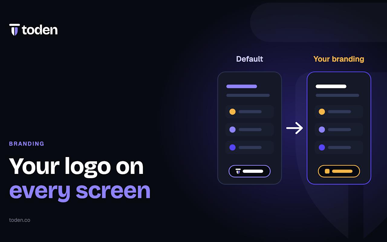 A mesma tela de verificação duas vezes em um degradê roxo: o rodapé padrão exibe "Protegido por Toden", enquanto o personalizado exibe "Protegido por acmepay".