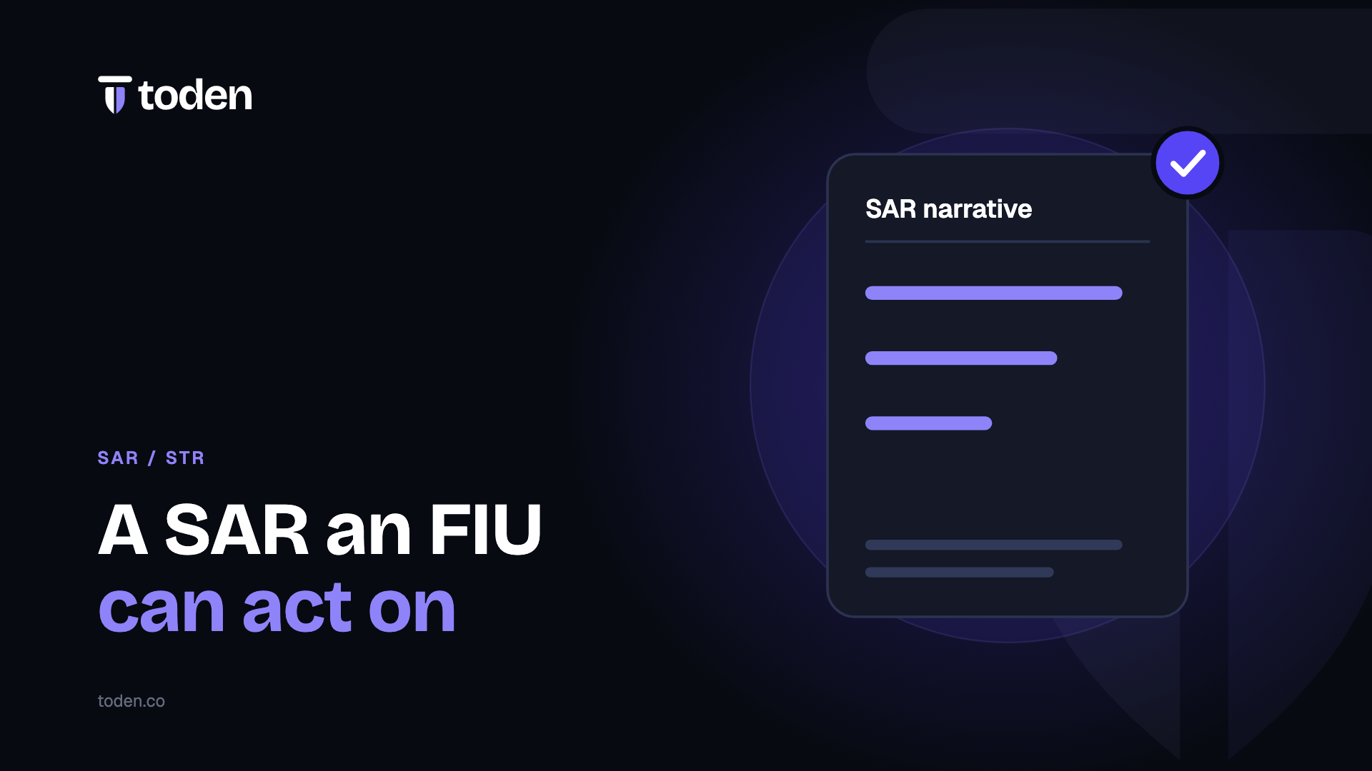 Headline "A SAR an FIU can act on" beside an illustration of an identity document with a portrait and machine-readable zone, on a warm cream gradient.