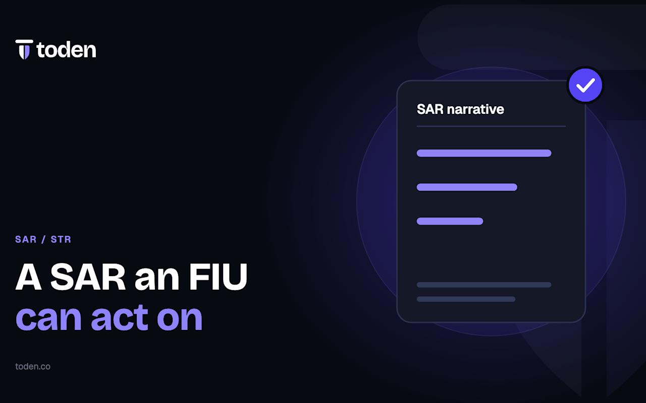 Headline "A SAR an FIU can act on" beside an illustration of an identity document with a portrait and machine-readable zone, on a warm cream gradient.