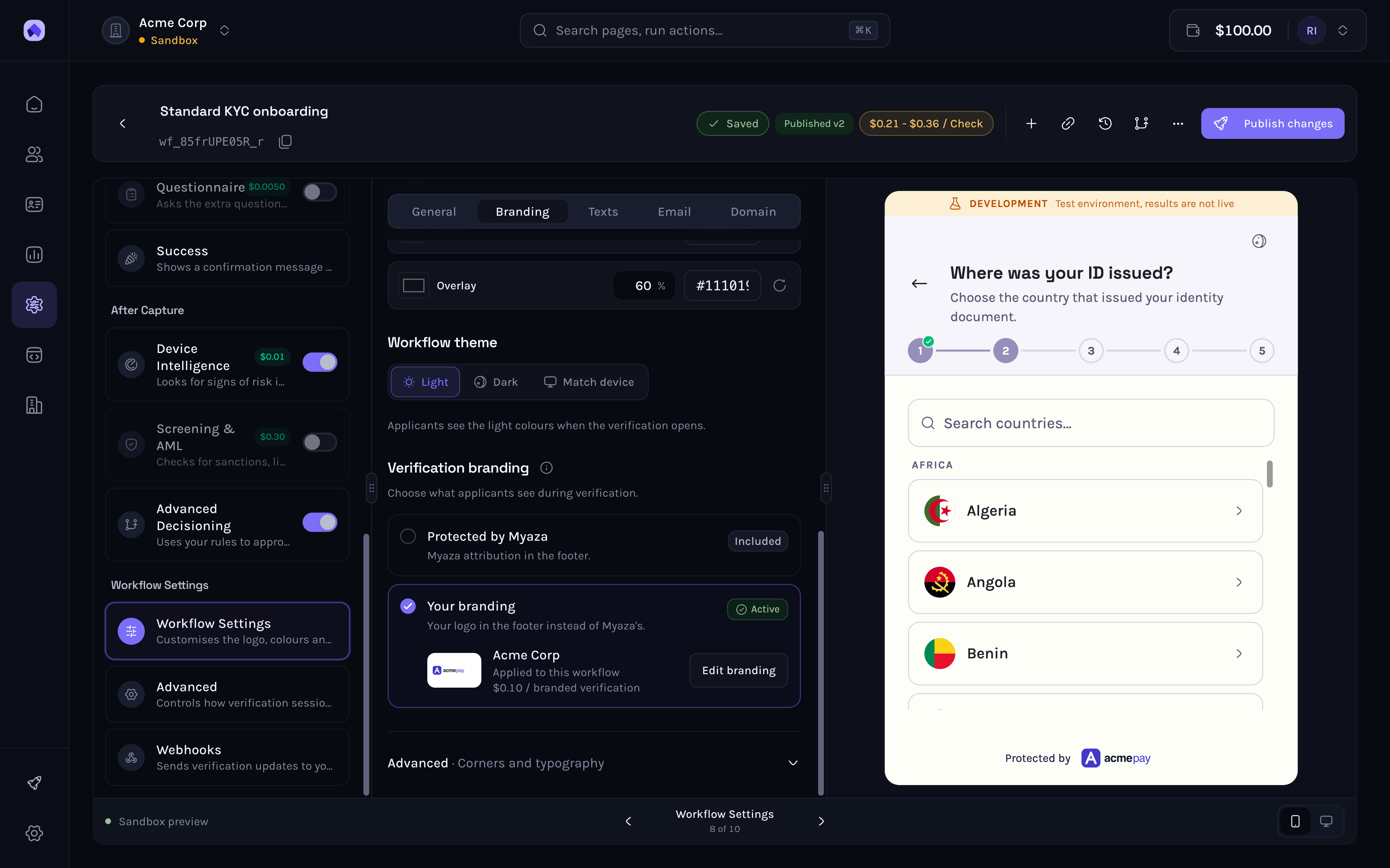 The workflow builder with a $100 balance and version 2 published. Your branding is marked Active with the Acme Pay logo, and the preview footer reads Protected by acmepay.