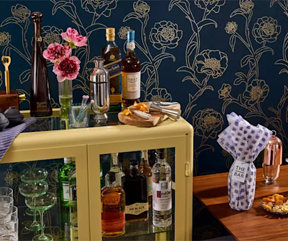 homebar cabinet with bottles gift glassware and barware