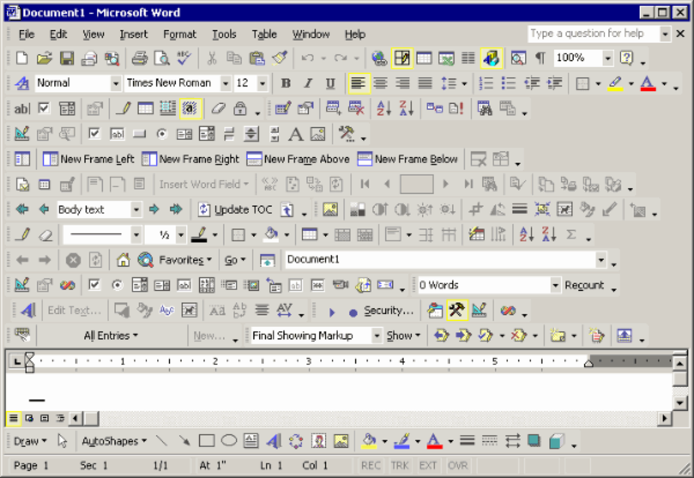 Microsoft Word with all of its tool-bars visible