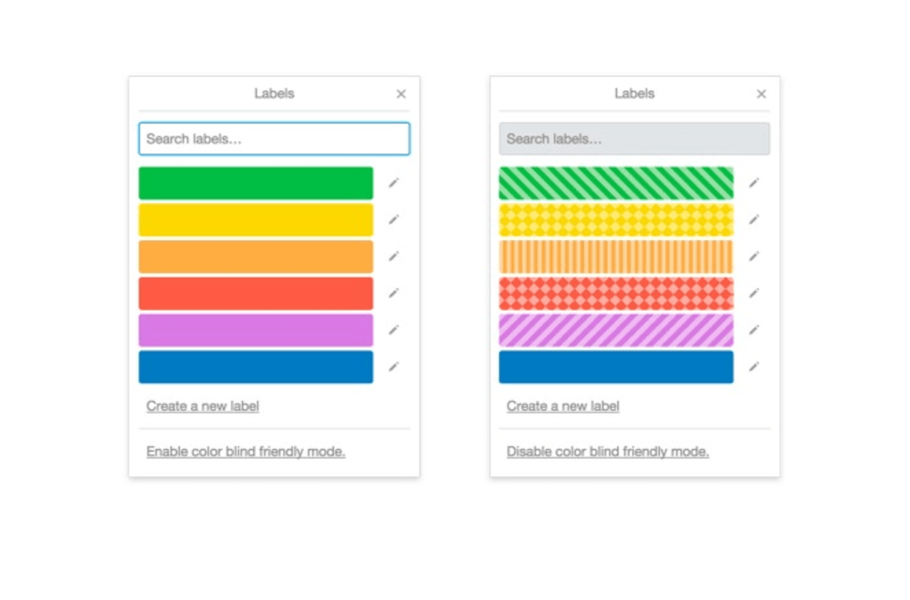 Here you can see the color blind mode provided by Trello. It is a great example of how accessibility standards should be followed.
