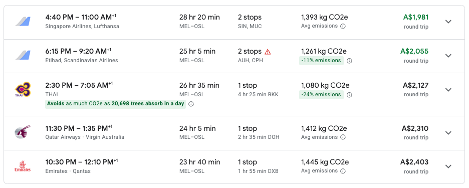 Flight search engine showing CO2e of the flights