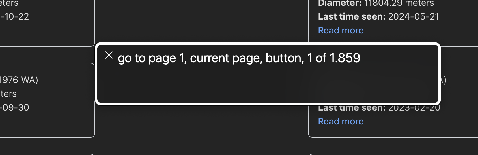 voiceover that announces: go to page 1. Current page, button, position 1 of 1859