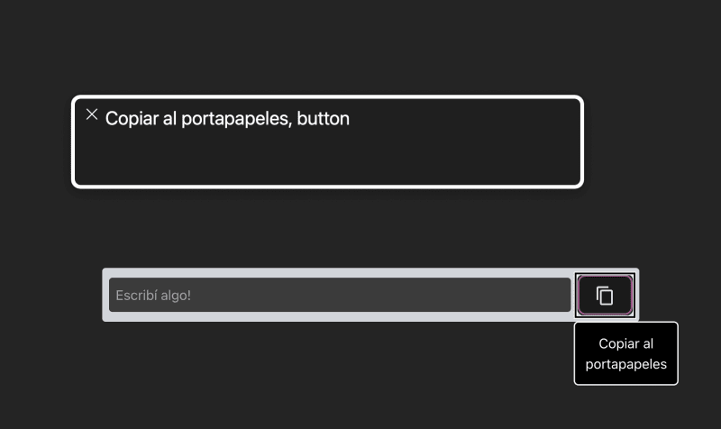 Image of the screen reader voice-over announcing: "Copy to clipboard, button"
