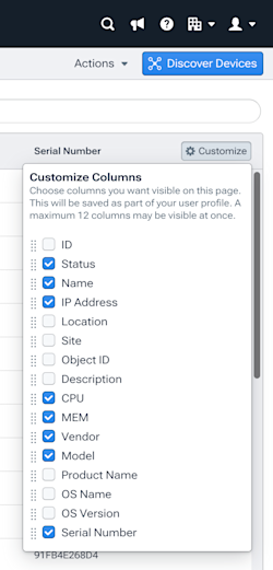 Customize columns menu