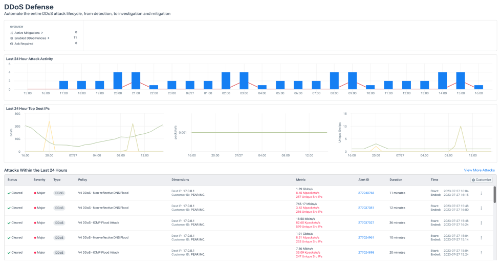 DDoS Monitoring: Kentik DDoS Defense Dashboard Showing Attack Activity