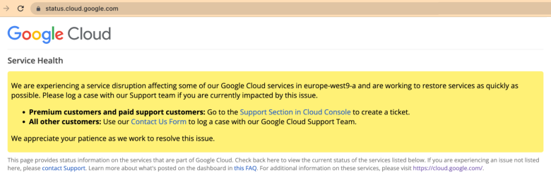 Screenshot of Google Cloud Service Health during a disruption