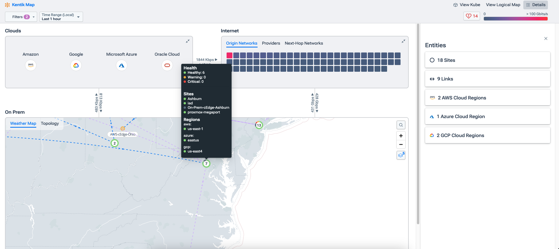 Kentik Map - Hover over a public cloud