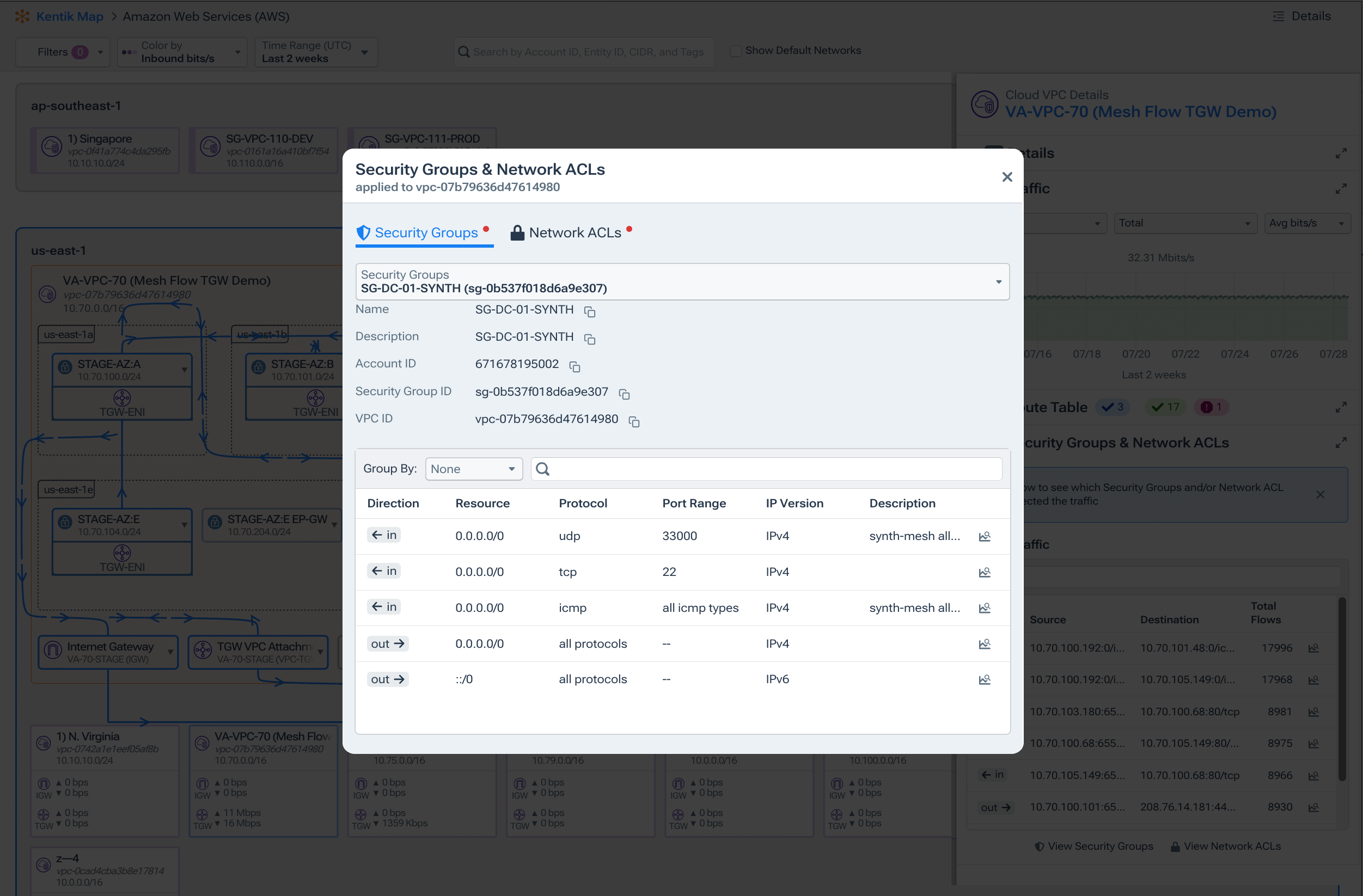 See Denied and Allowed Traffic between VPCs, VNets, datacenters, and internet: Security groups in map view
