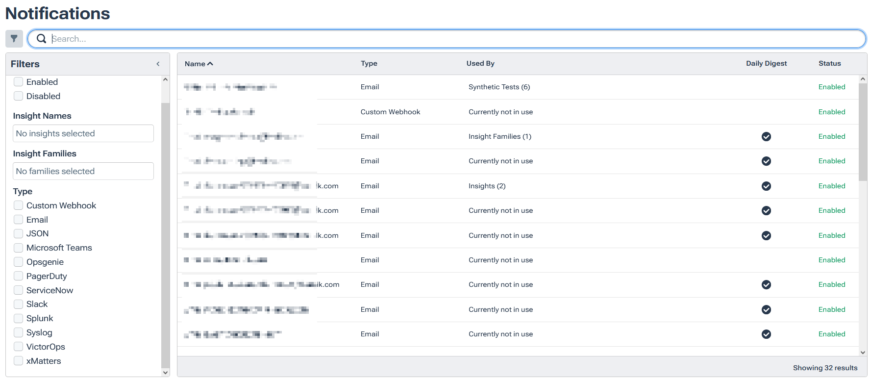 Kentik notification settings screen, showing the many available channels, with a list of notification targets