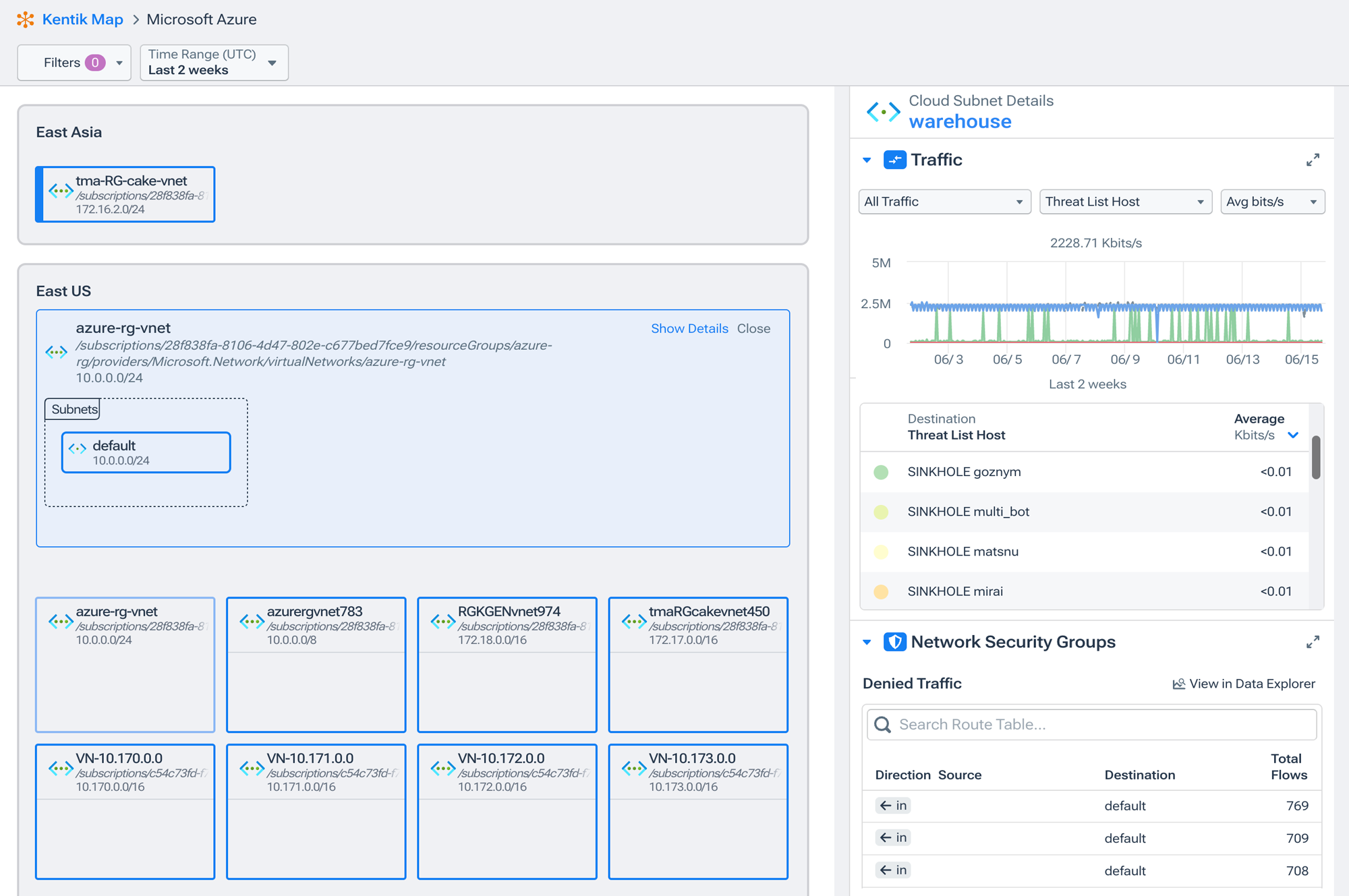 Azure topology showing threat list and denied traffic