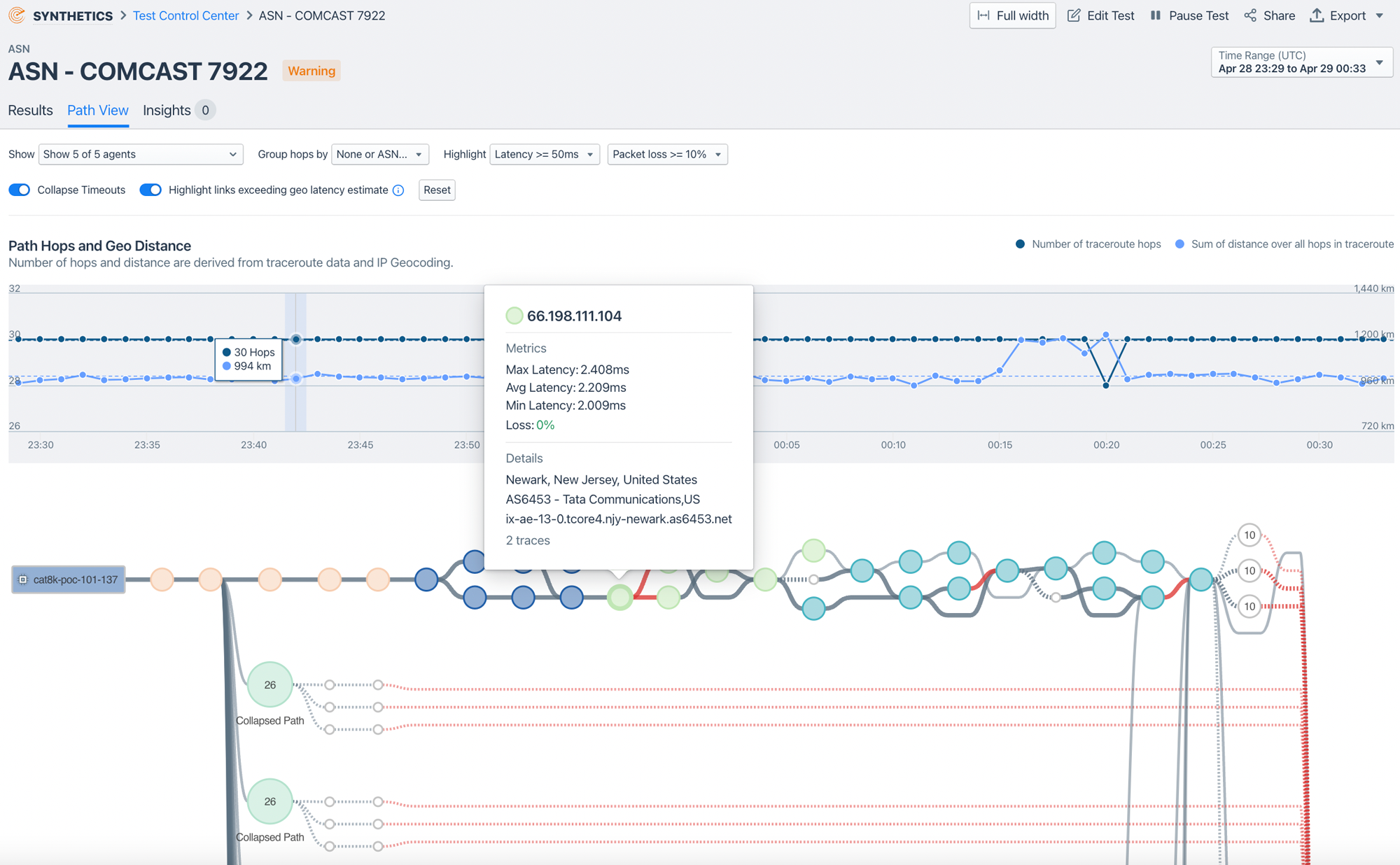 DEM path view: synthetic test results showing AS path hops and latency from a global agent