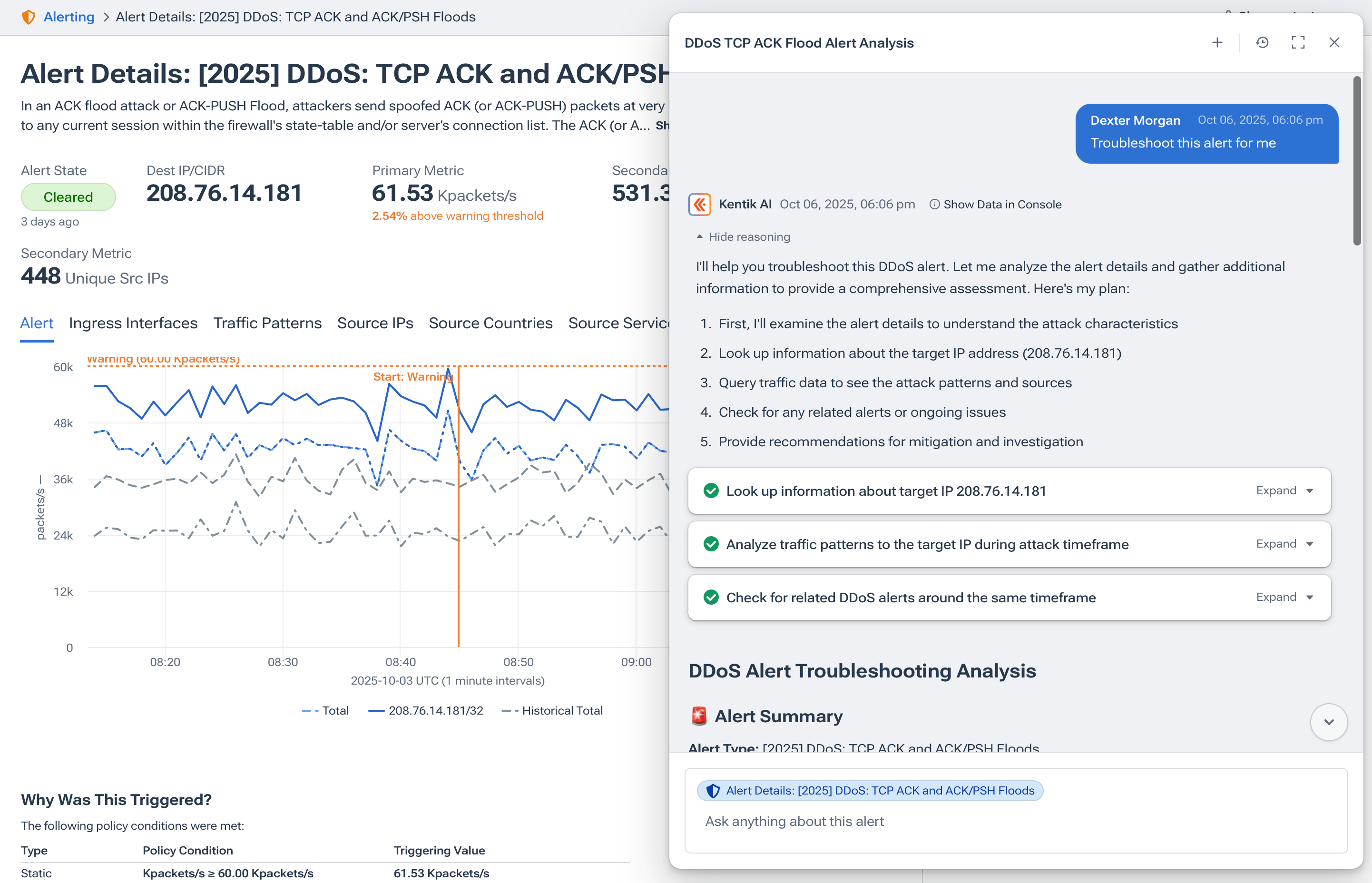 Kentik AI Advisor in overlay mode after being launched from the Alerting page sidebar.