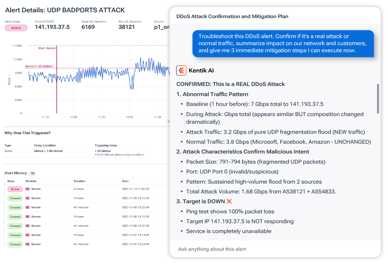 Kentik AI Advisor guided DDoS investigation