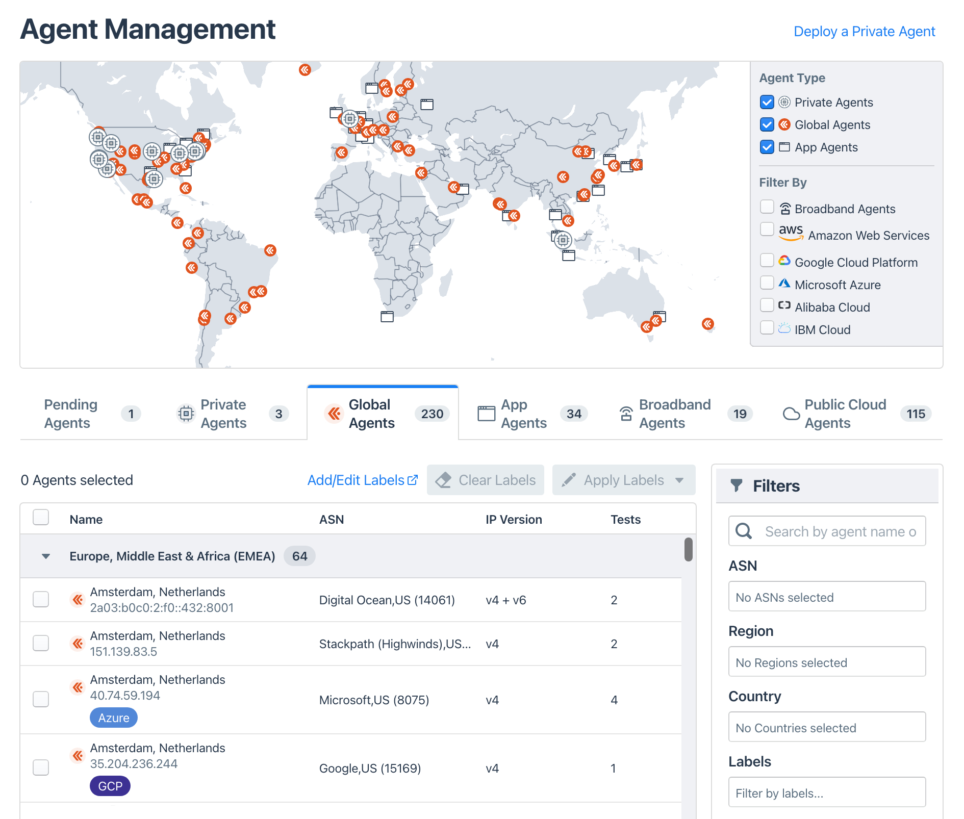 Map showing global agents on the synthetic testing network