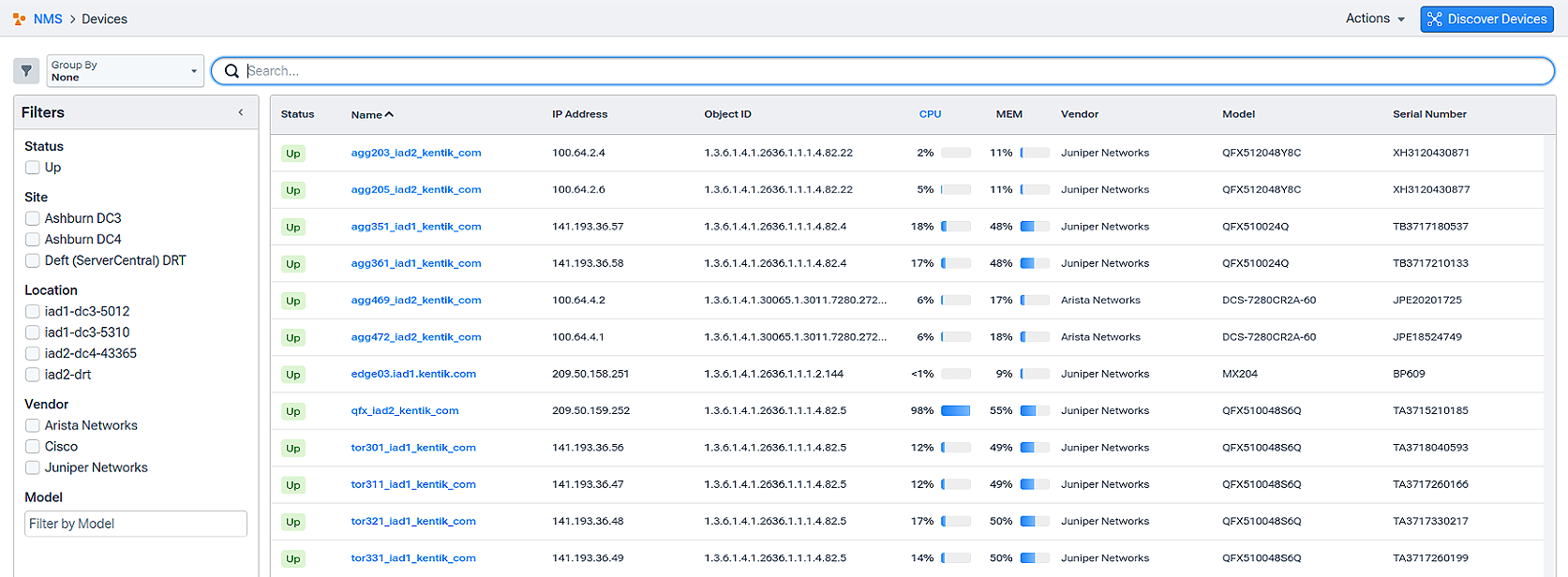 List of devices in the Kentik platform