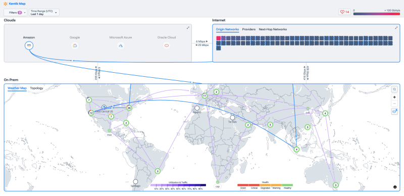 Overview of public cloud and on-prem locations in the Kentik Map