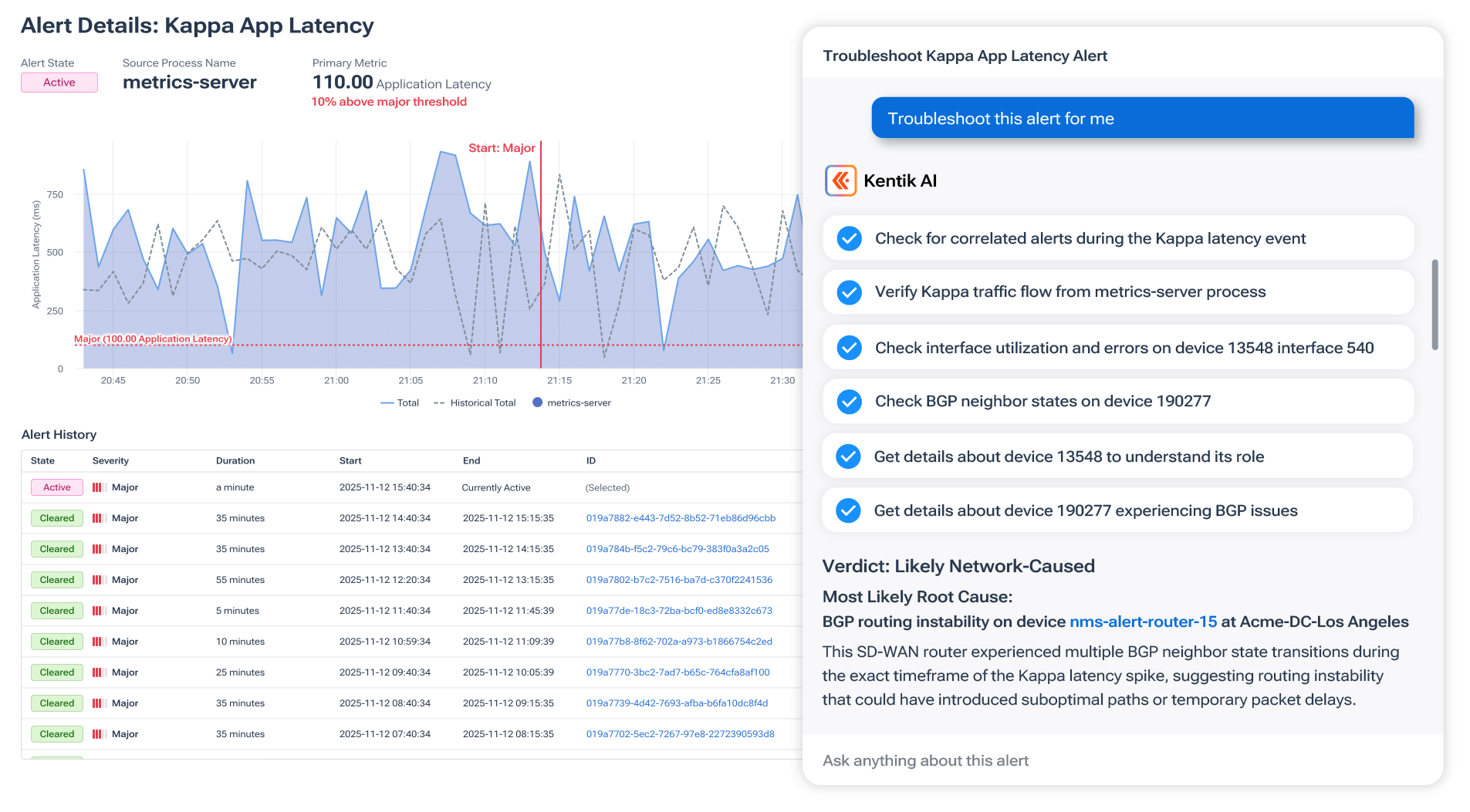 Using Kentik AI Advisor to troubleshoot a high-latency network alert.