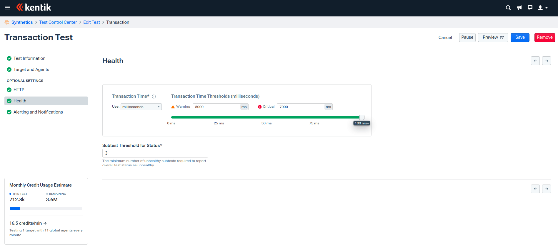 Health settings for synthetic transaction test