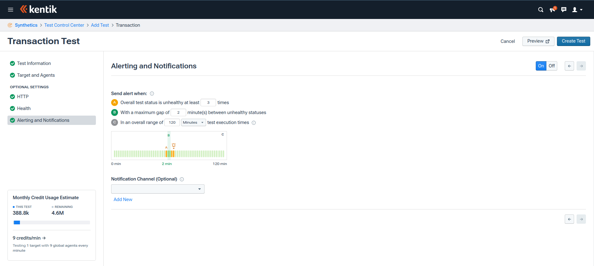 Alerts and notifications settings for synthetic transaction test