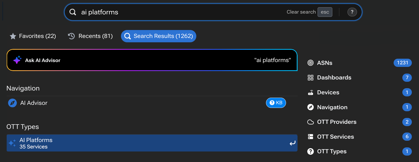 AI Platforms search in the Kentik portal