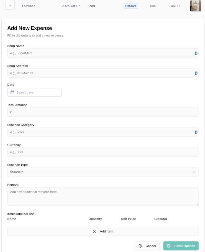 Manual Add Expense Form