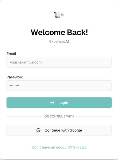 ExpenseLM Sign Up/ Login screen