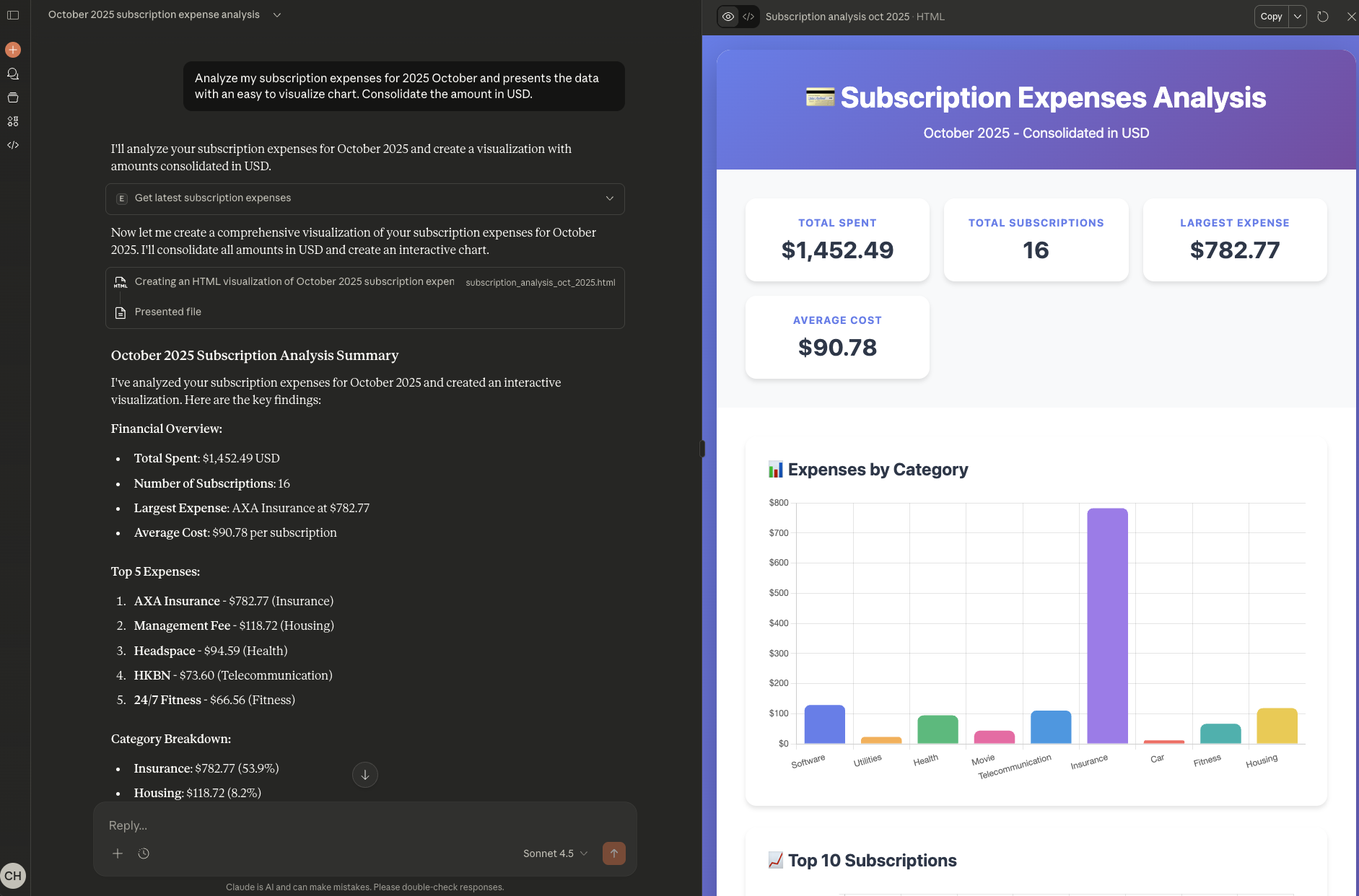 Claude chat - expense analysis result