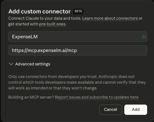 Claude - add custom connector