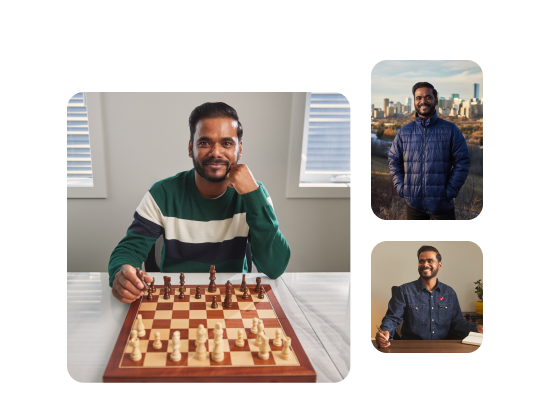 Three images of Libin in his home setting, playing chess, and outside with the skyline of Edmonton behind him, smiling warmly.