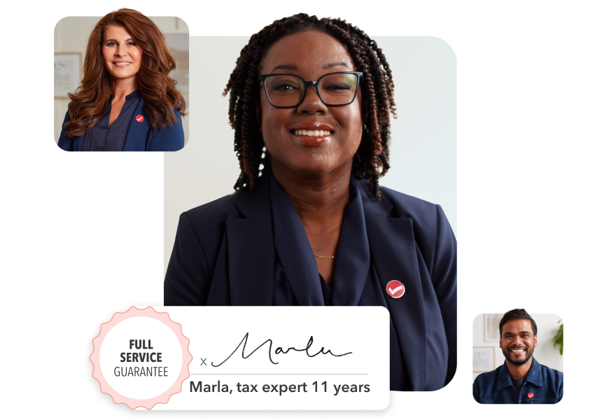 Three TurboTax tax experts. The main image is of Marla, a tax expert with 11 years of experience, along with a Full Service guarantee badge.