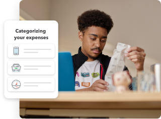 A young man is holding and examining a long receipt in his home. Secondary illustration reads “Let’s deduct your expenses”.