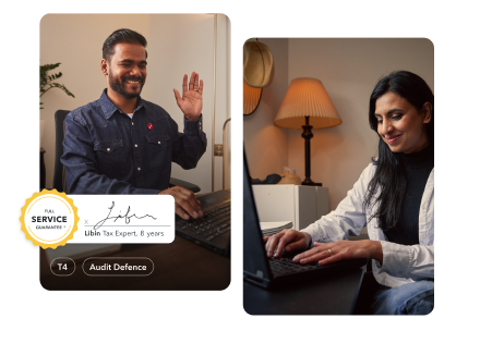 Libin is working on his laptop and taking a video call in his home office. Second image is of a female customer working at his office on a laptop.